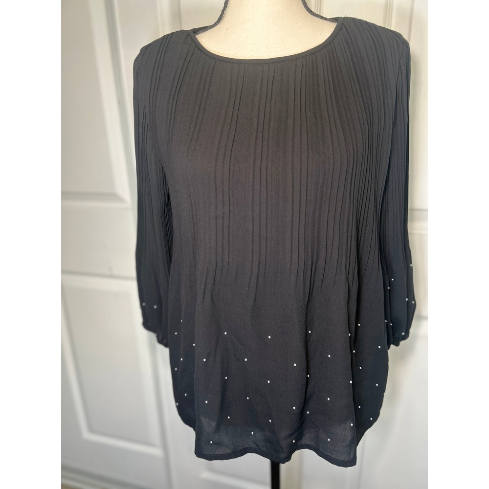 Maje Pleated Blouse Lockstaru Size 2 US 6 Black Silver Studded 3/4 Sleeve NWT